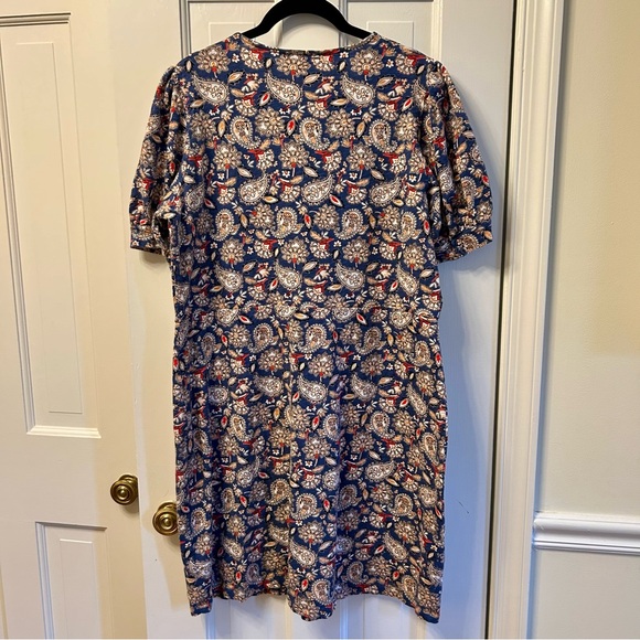 Boden V- Neck Cotton Jersey Puff Sleeve A-Line Dress Red Blue Paisley Size 14L - Picture 5 of 9
